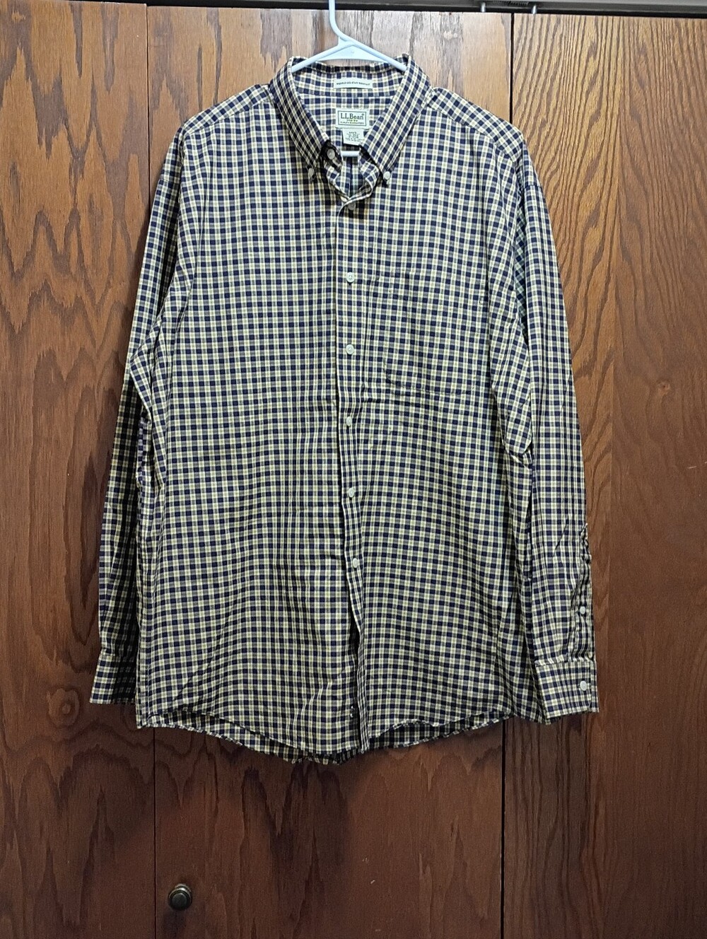 L.L. Bean Men's Navy and Beige Check Button-Down Shirt